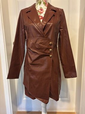 CHICME Cognac Faux Leather Blazer Dress Size Large Asymmetrical Mini Dress(C/36)